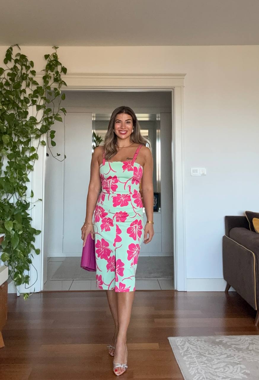 TROPICAL FLORAL STRAPPY BODYCON DRESS – MINT & FUCHSIA