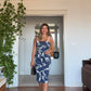 TROPICAL FLORAL STRAPPY BODYCON DRESS – WHİTE & NAVY