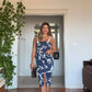 TROPICAL FLORAL STRAPPY BODYCON DRESS – WHİTE & NAVY