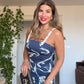 TROPICAL FLORAL STRAPPY BODYCON DRESS – WHİTE & NAVY
