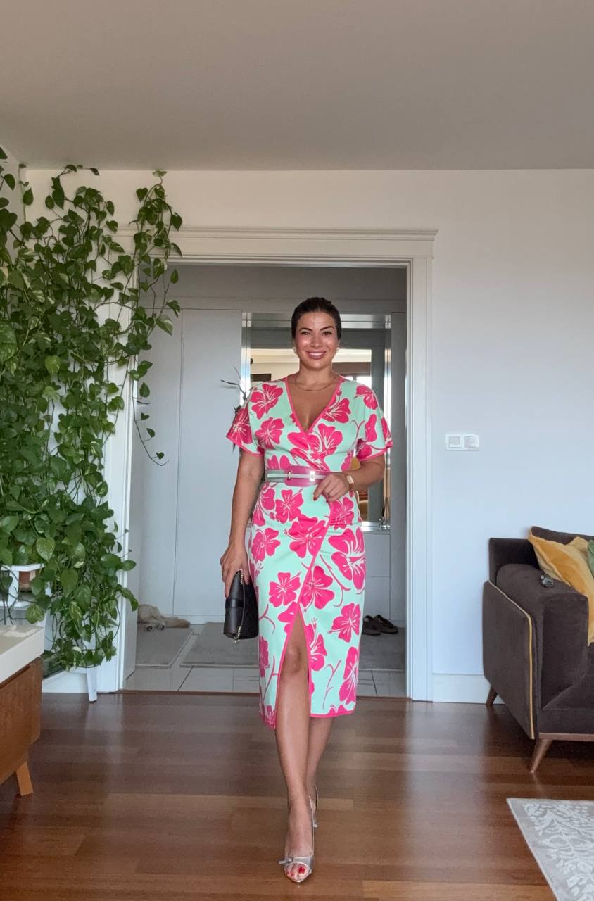 FLORAL PRINTED BELTED V-NECK MIDI DRESS – MINT & FUCHSIA
