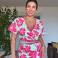 FLORAL PRINTED BELTED V-NECK MIDI DRESS – MINT & FUCHSIA