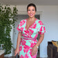 FLORAL PRINTED BELTED V-NECK MIDI DRESS – MINT & FUCHSIA