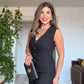 BUTTON-DETAIL SLIT MIDI DRESS WITH V-NECK – BLACK