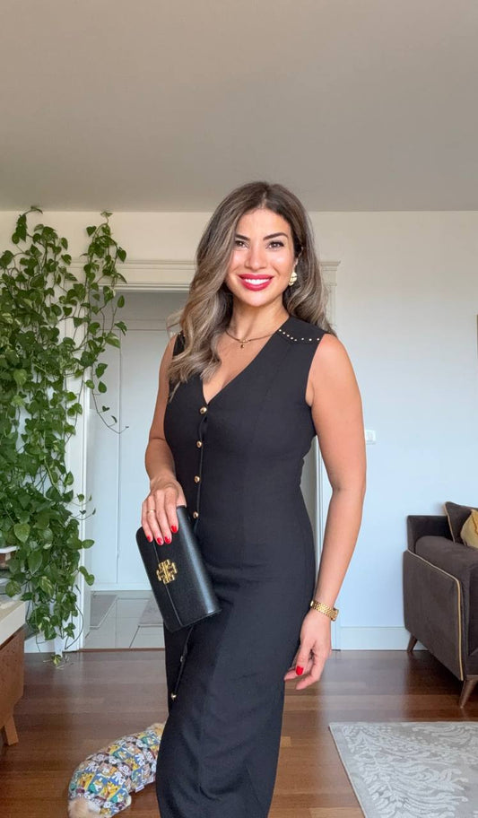 BUTTON-DETAIL SLIT MIDI DRESS WITH V-NECK – BLACK