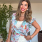 FLORAL PRINT BELTED DRESS WITH BLOUSE DETAIL – BLUE & ECRU