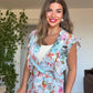 FLORAL PRINT BELTED DRESS WITH BLOUSE DETAIL – BLUE & ECRU