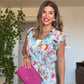 FLORAL PRINT BELTED DRESS WITH BLOUSE DETAIL – BLUE & ECRU
