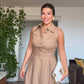 PEARL-DETAILED MIDI LINEN DRESS – CAMEL