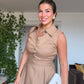 PEARL-DETAILED MIDI LINEN DRESS – CAMEL