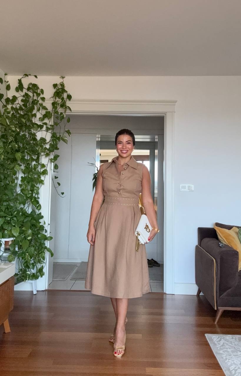 PEARL-DETAILED MIDI LINEN DRESS – CAMEL