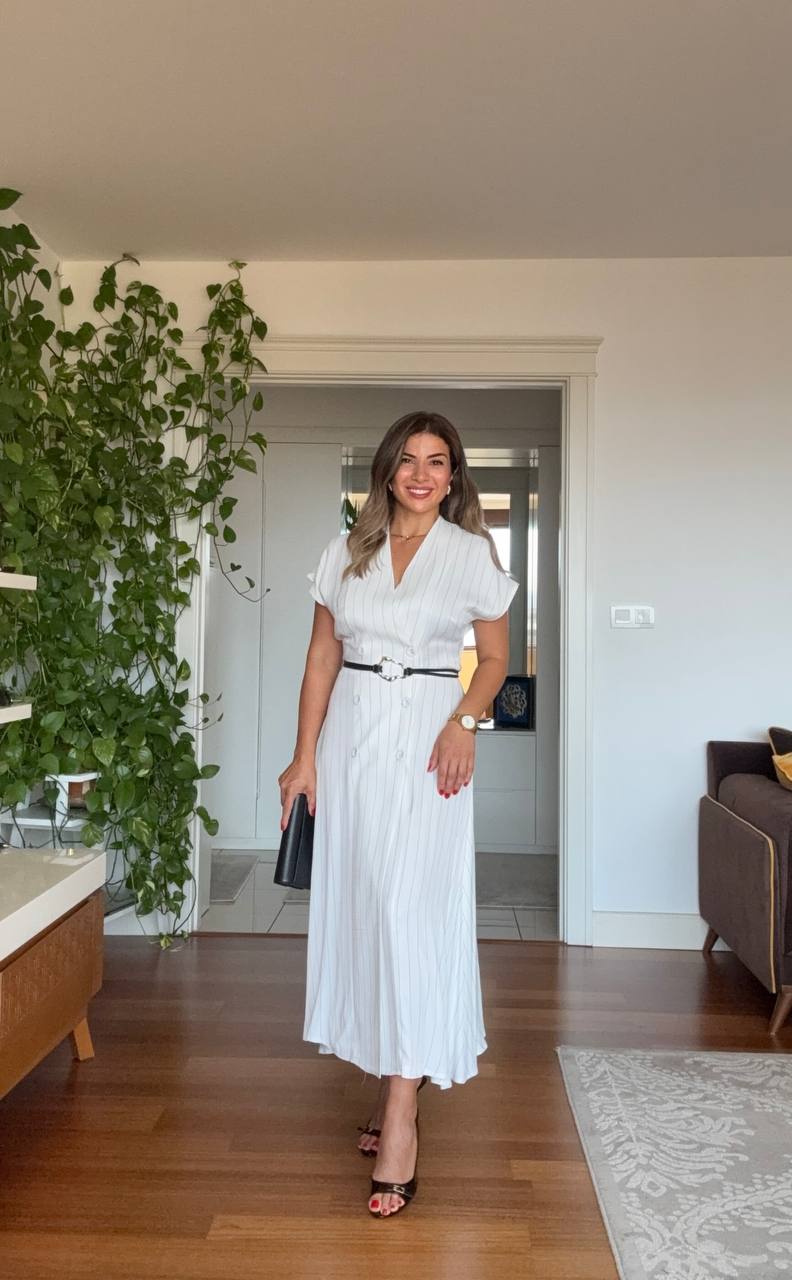 STRIPED WRAP-NECK BELTED MIDI DRESS – WHITE