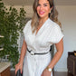 STRIPED WRAP-NECK BELTED MIDI DRESS – WHITE