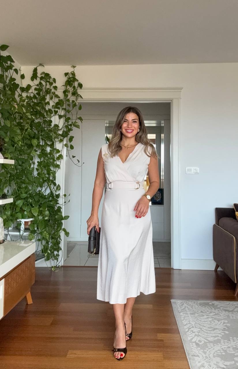 SATIN-EFFECT BELTED WRAP DRESS – BEİGE