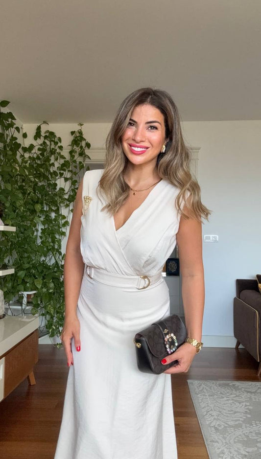 SATIN-EFFECT BELTED WRAP DRESS – BEİGE