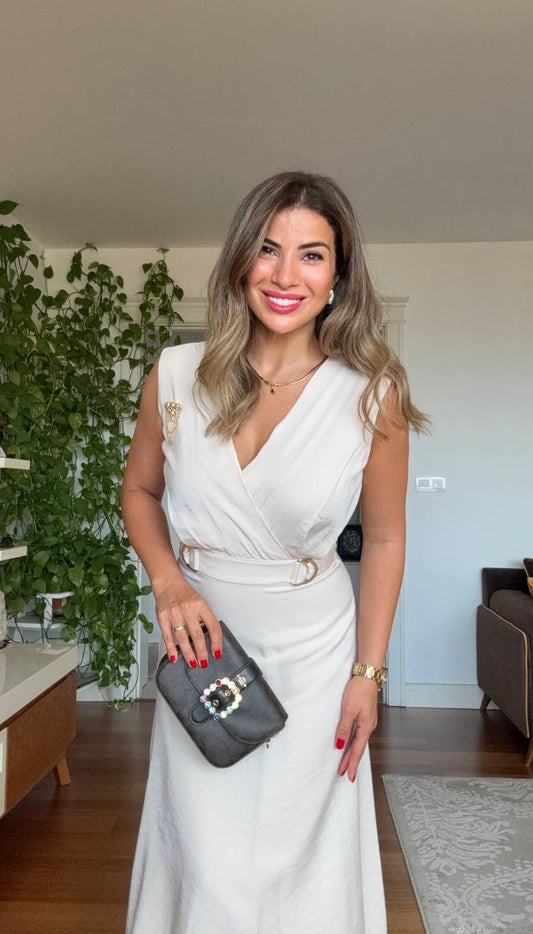 SATIN-EFFECT BELTED WRAP DRESS – BEİGE