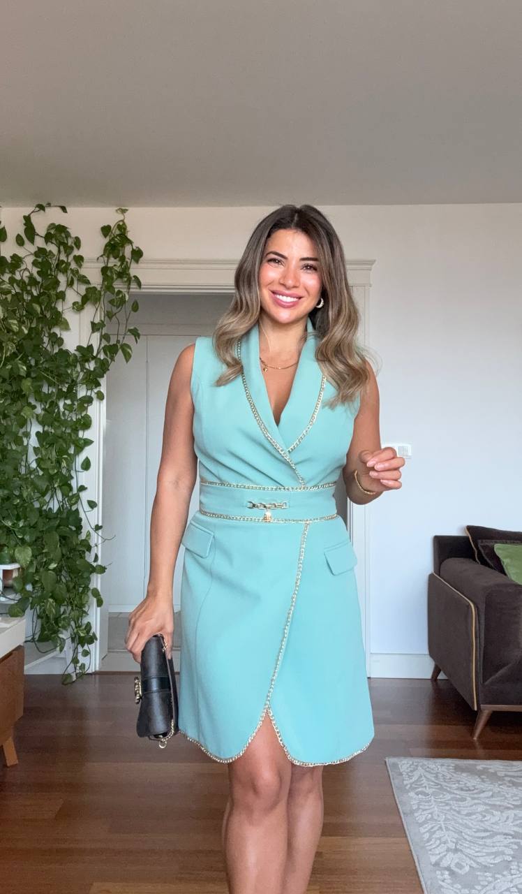 WRAP DRESS WITH CHAIN DETAILS - AQUA GREEN