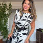 LEAF PRINTED BELT DETAIL MIDI DRESS - BLACK & WHITE