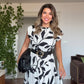 LEAF PRINTED BELT DETAIL MIDI DRESS - BLACK & WHITE