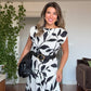 LEAF PRINTED BELT DETAIL MIDI DRESS - BLACK & WHITE