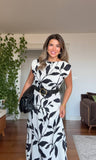 LEAF PRINTED BELT DETAIL MIDI DRESS - BLACK & WHITE
