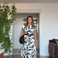LEAF PRINTED BELT DETAIL MIDI DRESS - BLACK & WHITE