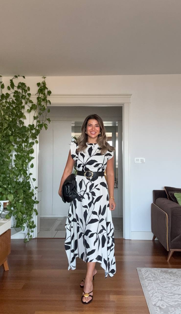 LEAF PRINTED BELT DETAIL MIDI DRESS - BLACK & WHITE