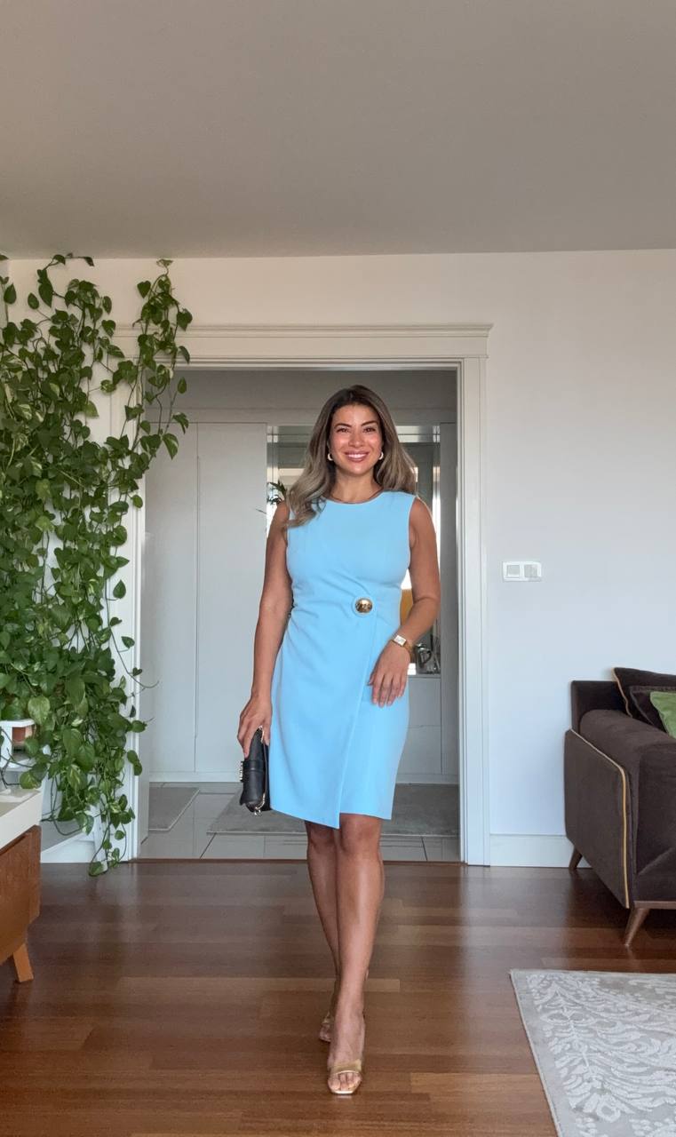 GOLD-BUCKLED SLEEVELESS WRAP MINI DRESS – BABY BLUE