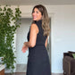 GOLD BUTTON DETAIL SLEEVELESS WRAP DRESS – BLACK