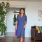 GOLD DETAILED WRAP-STYLE SHORT SLEEVE MIDI DRESS - SAPPHIRE BLUE