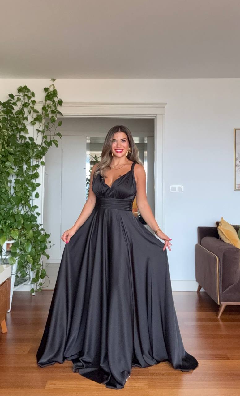 SATIN TEXTURED WRAP EVENING DRESS – BLACK