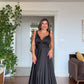 SATIN TEXTURED WRAP EVENING DRESS – BLACK
