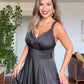 SATIN TEXTURED WRAP EVENING DRESS – BLACK