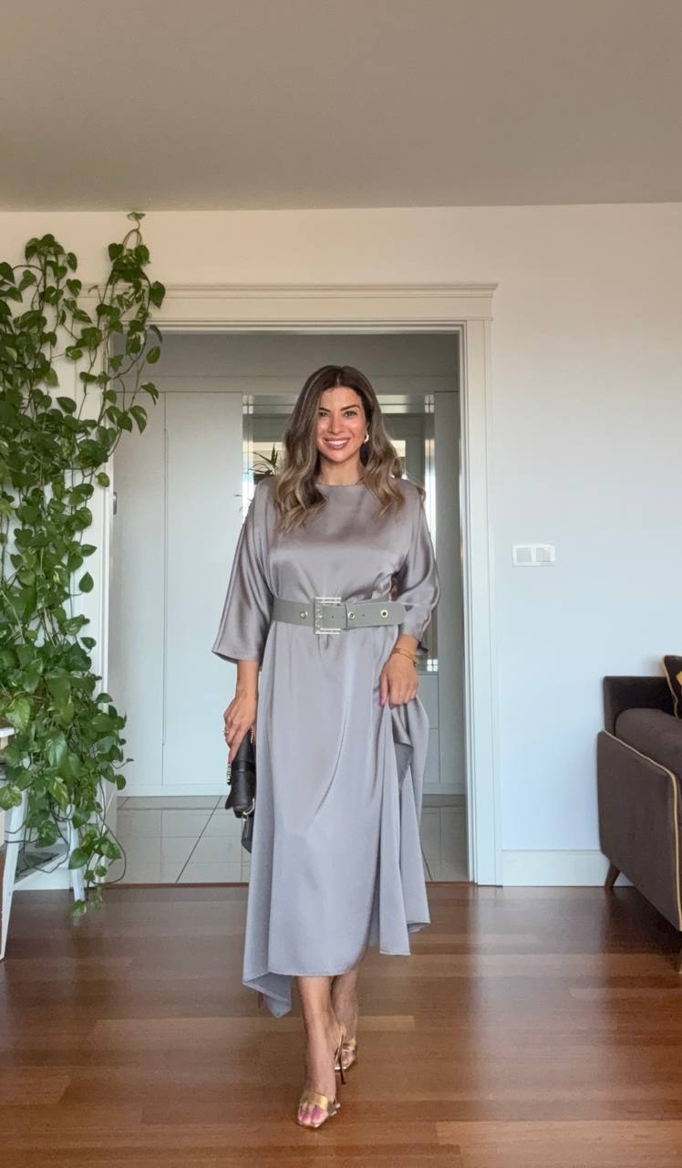 OVERSIZED BELTED MIDI DRESS – MINK