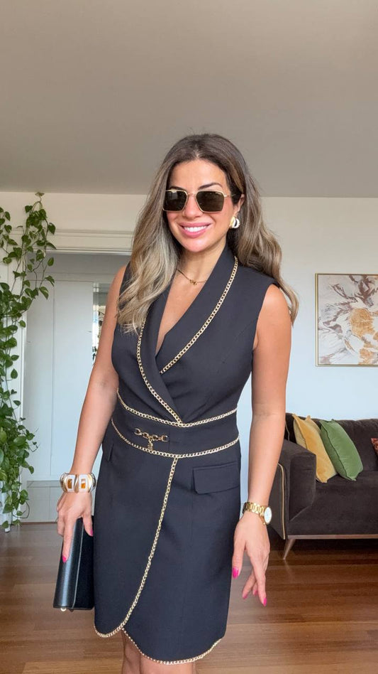 WRAP DRESS WITH CHAIN DETAILS - BLACK