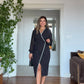 PEARL-TRIMMED WRAP MIDI DRESS – BLACK