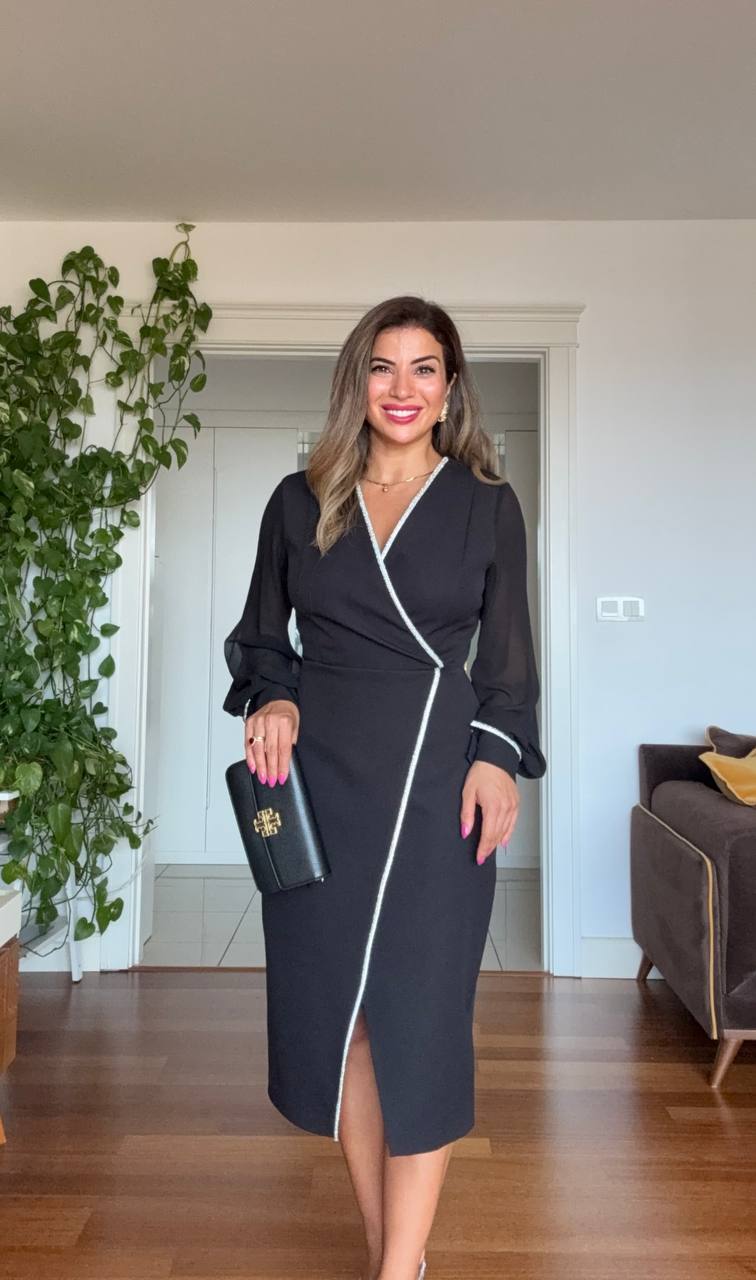 PEARL-TRIMMED WRAP MIDI DRESS – BLACK