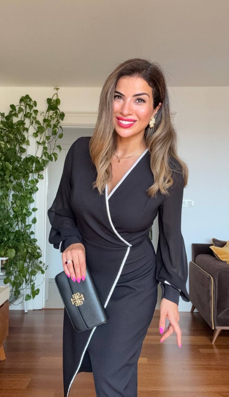 PEARL-TRIMMED WRAP MIDI DRESS – BLACK