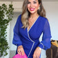 PEARL-TRIMMED WRAP MIDI DRESS – BLUE