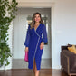 PEARL-TRIMMED WRAP MIDI DRESS – BLUE