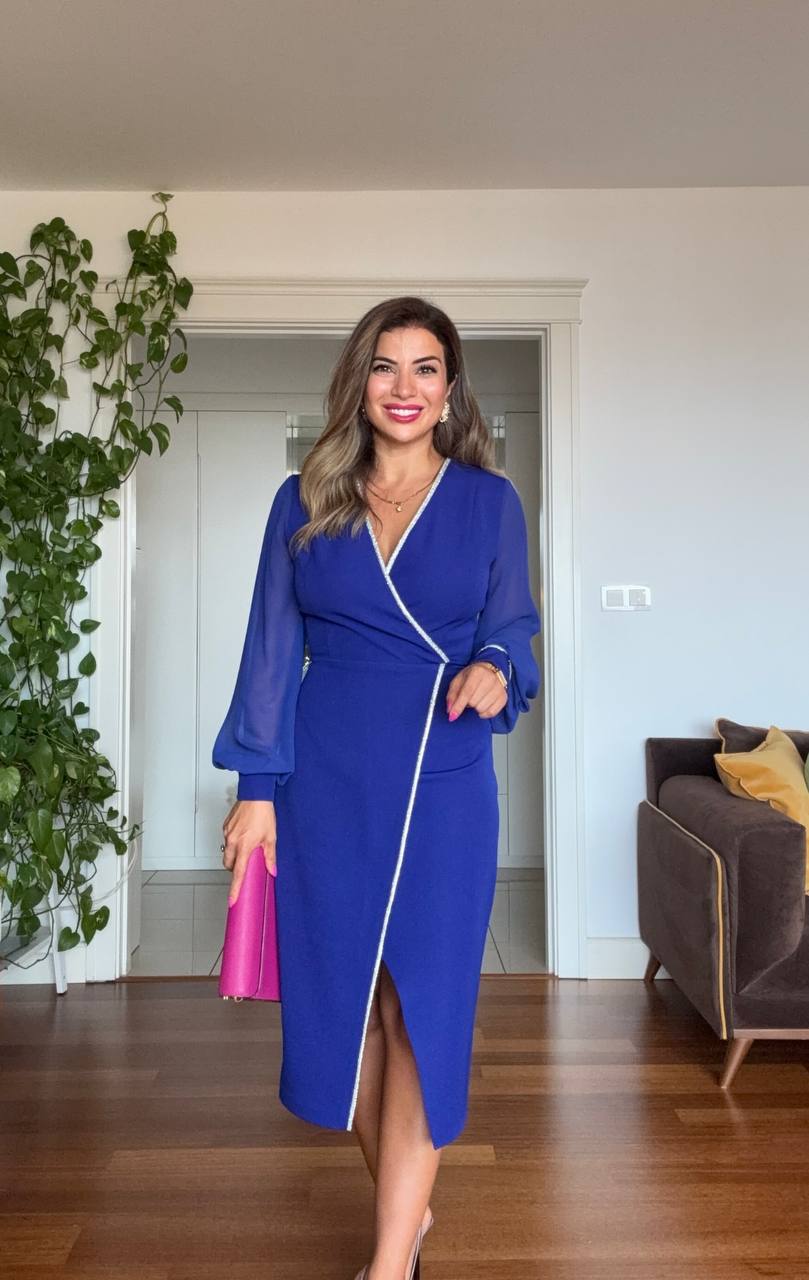 PEARL-TRIMMED WRAP MIDI DRESS – BLUE