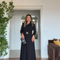 DRAPED BROOCH DETAIL LONG DRESS - BLACK