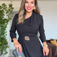 DRAPED BROOCH DETAIL LONG DRESS - BLACK