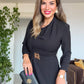 DRAPED BROOCH DETAIL LONG DRESS - BLACK