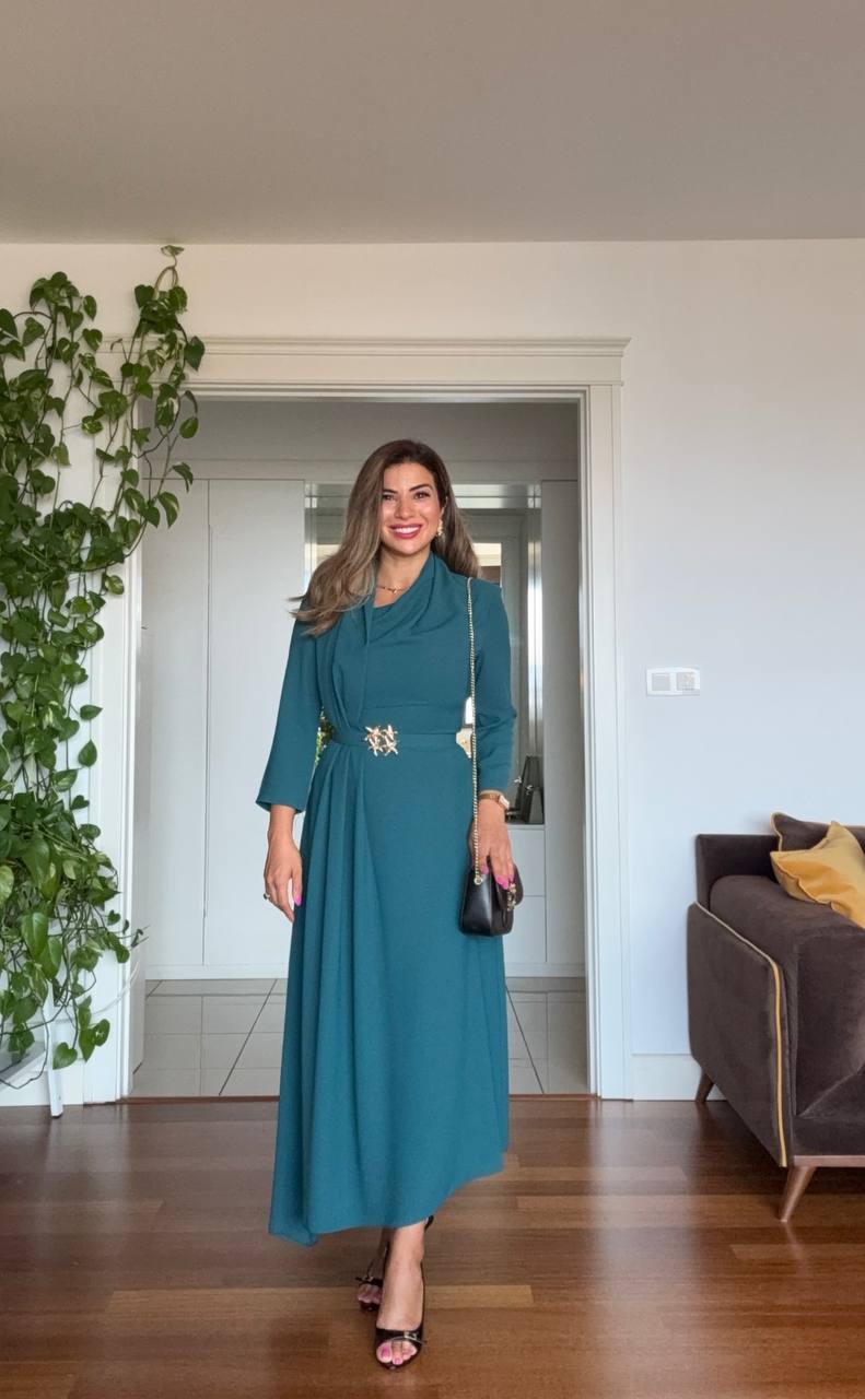 DRAPED BROOCH DETAIL LONG DRESS - EMERALD GREEN