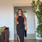 SPARKLING NECKLINE AND SLIT DETAIL EVENING DRESS - BLACK