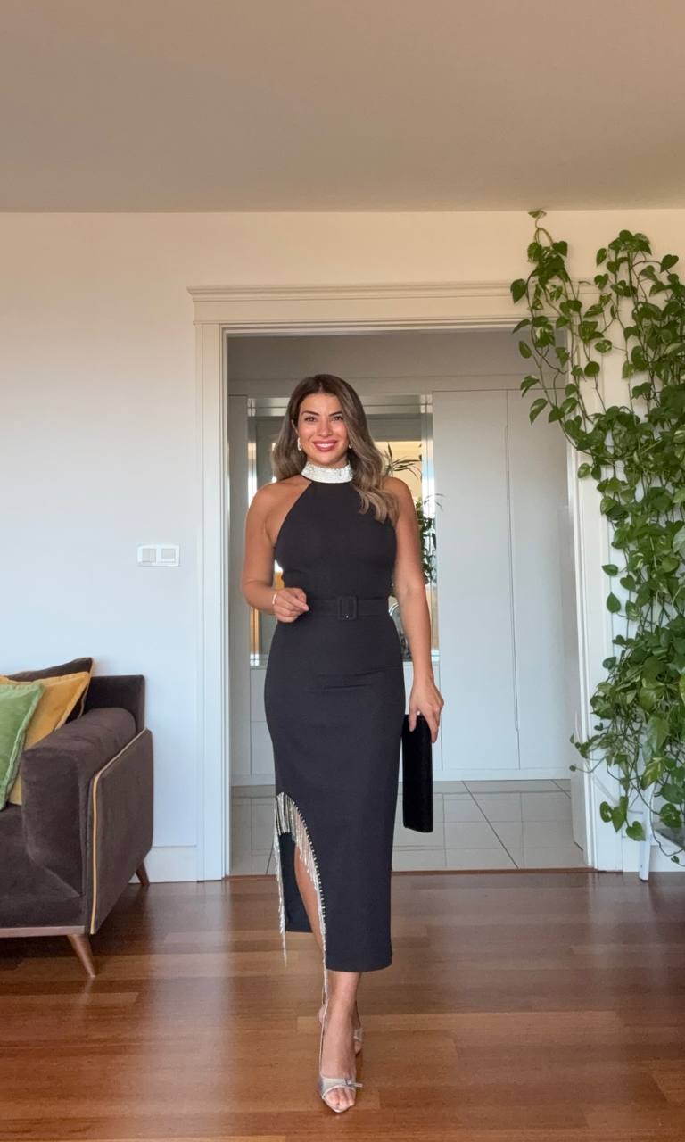 SPARKLING NECKLINE AND SLIT DETAIL EVENING DRESS - BLACK