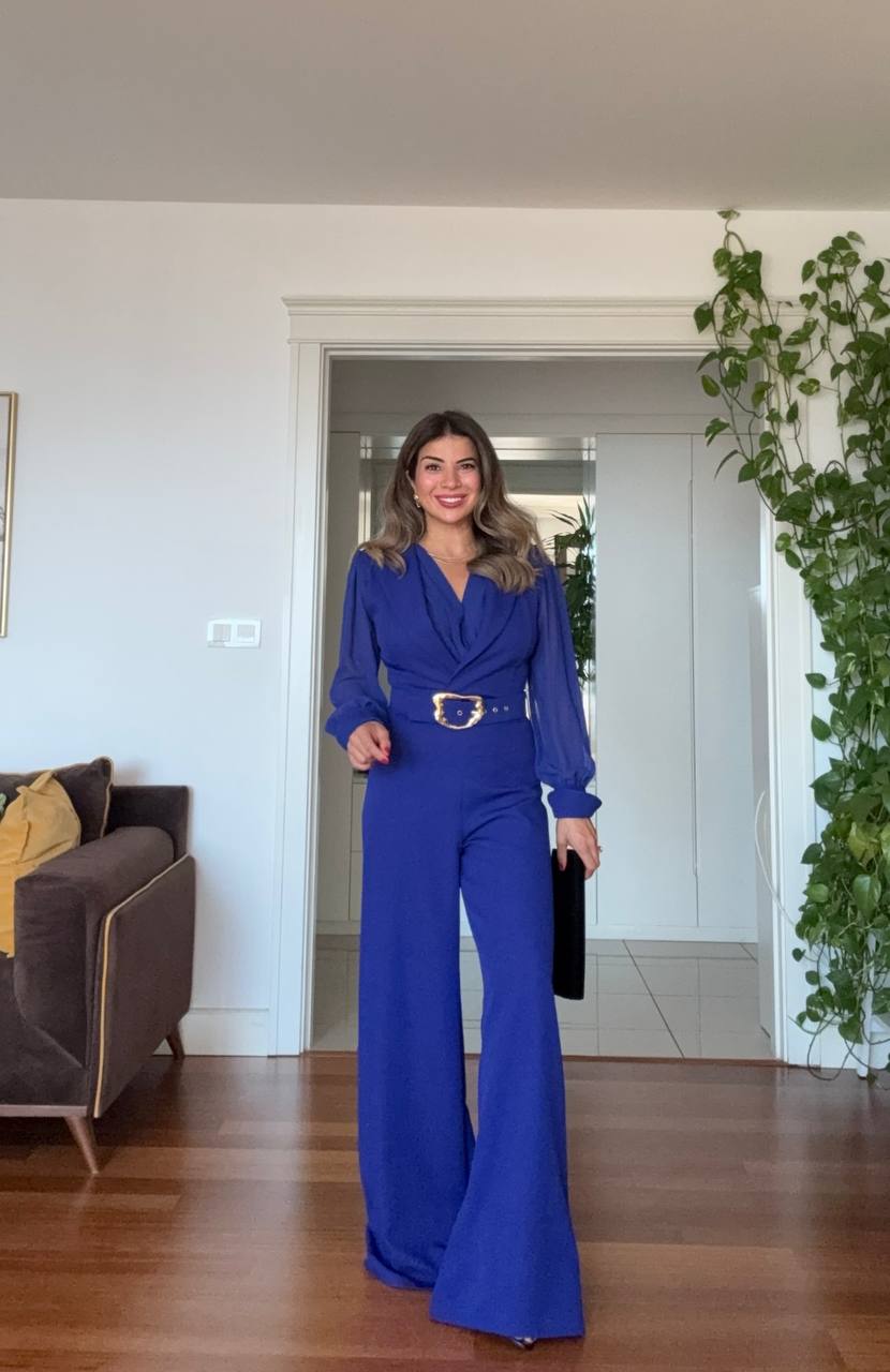 JUMPSUIT WITH GOLD BUCKLE AND CHIFFON SLEEVES – ROYAL BLUE