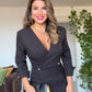 GOLD BUTTON DETAIL WRAP NECKLINE MIDI DRESS - BLACK