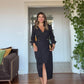 GOLD BUTTON DETAIL WRAP NECKLINE MIDI DRESS - BLACK